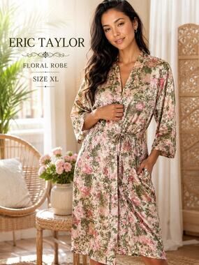 Eric Taylor Floral Satin Robe XL Long Tie Belt Pink Green